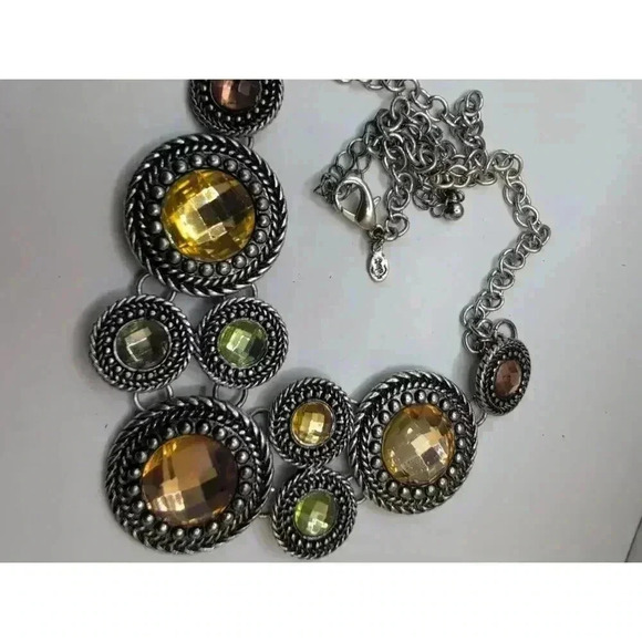 Premier Designs Necklace Multicolor Stones Bib Style Chain Link Silvertone - Picture 5 of 6